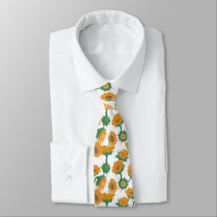Woodblock Print Sunflower orange Tie
