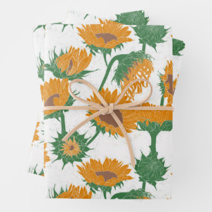 Woodblock Print Sunflower orange Wrapping Paper Sheet