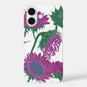 Woodblock Print Sunflower pink iPhone 16 Case
