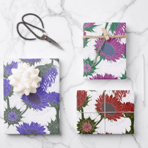 Woodblock Print Sunflower purple red pink Wrapping Paper Sheet