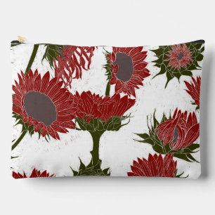 Woodblock Print Sunflower red Accessory Pouch