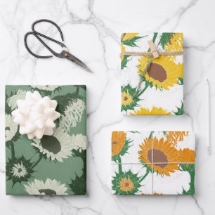Woodblock Print Sunflower yellow orange white Wrapping Paper Sheet