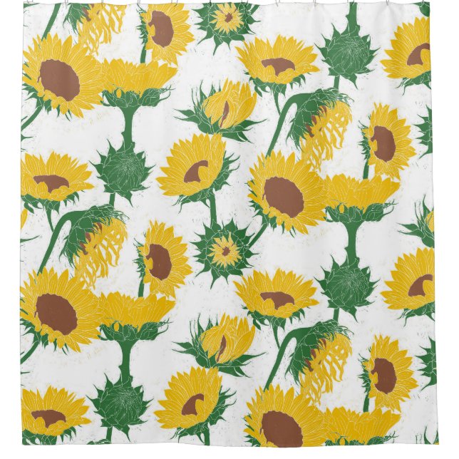 Woodblock Print Sunflower yellow Shower Curtain (Front)