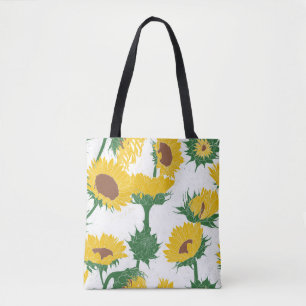 Woodblock Print Sunflower yellow Tote Bag