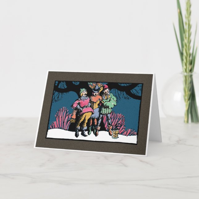 Woodblock-Style Mediaeval Carolers Holiday Card (Front)