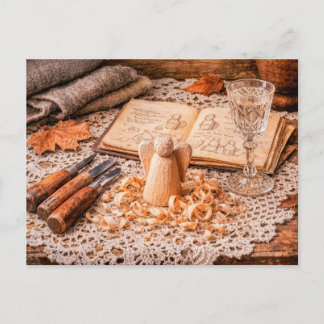 Woodcarving Angel in Progress with Tools and Shavi Postcard