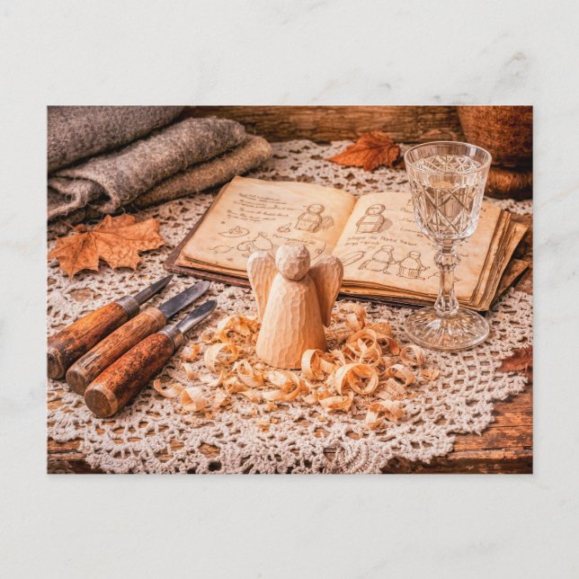 Woodcarving Angel in Progress with Tools and Shavi Postcard (Front)