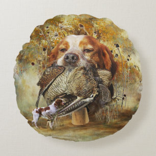 Woodcock hunting with Brittany Spaniel      Round Cushion