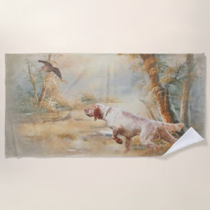 Woodcock Hunting with English Setter in forest, Ar Beach Towel