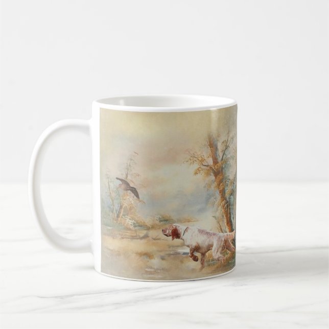 Woodcock Hunting with English Setter in forest, Ar Coffee Mug (Left)
