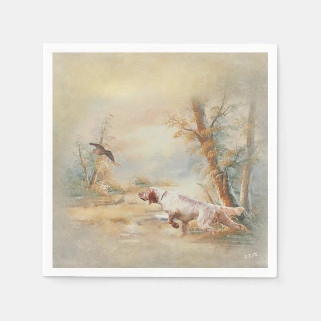 Woodcock Hunting with English Setter in forest, Ar Napkin (Front)