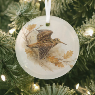 Woodcock in Flight  ,  Autumn Woodland Nature Art Glass Tree Decoration