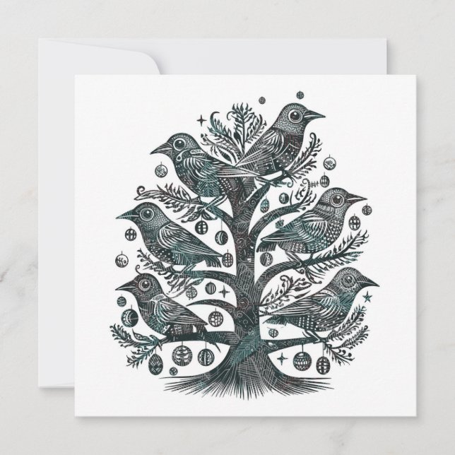 Woodcut Birds in a Christmas Tree in Green Blue  Holiday Card (Front)