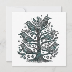 Woodcut Birds in a Christmas Tree in Green Blue  Holiday Card