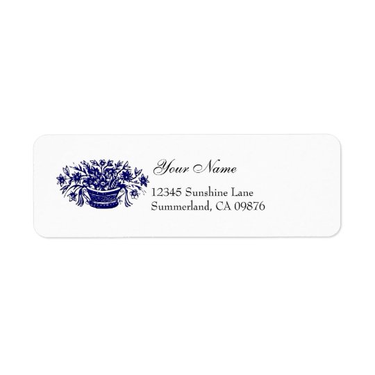Woodcut Blue Flowers Custom Label Return Address Label