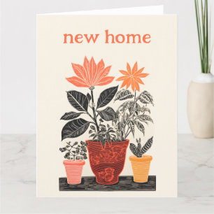 Woodcut effect house plants new home, your message thank you card