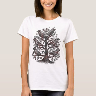 Woodcut Folk Art Birds in a Christmas Tree T-Shirt