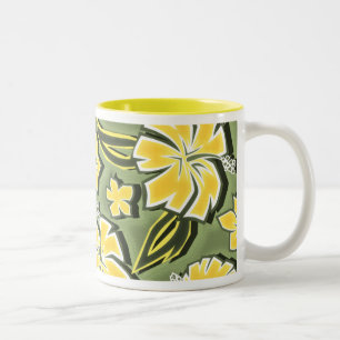 Woodcut Hibiscus Hawaiian Tropical Print Two-Tone Coffee Mug