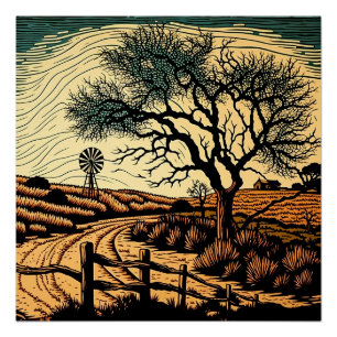 Woodcut Landscape Poster