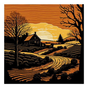 Woodcut Landscape Poster