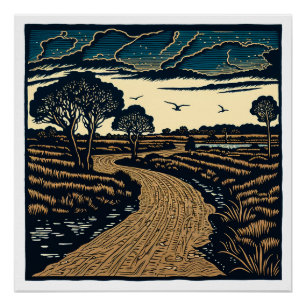 Woodcut Landscape Poster
