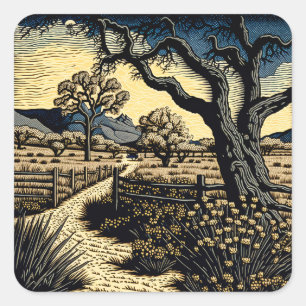 Woodcut Landscape Square Sticker