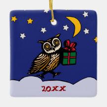 Woodcut Owl with a Gift Snowy Night Winter Holiday