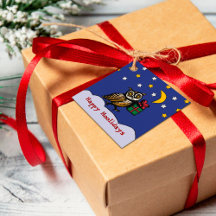 Woodcut Owl with a Gift Snowy Night Winter Holiday