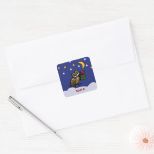 Woodcut Owl with a Gift Snowy Night Winter Holiday Square Sticker