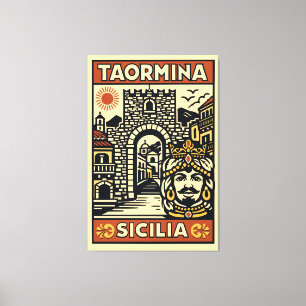 Woodcut Red Yellow Taormina Sicily Porta Messina  Canvas Print