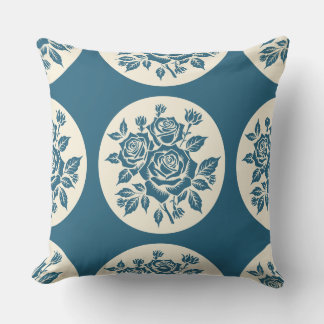 Woodcut Rose Bouquet Locket Cream Navy Cushion