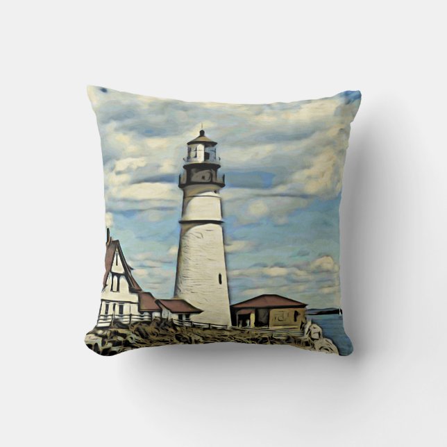 woodcut style art of lighthouse cushion (Front)