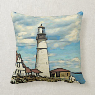 woodcut style art of lighthouse cushion