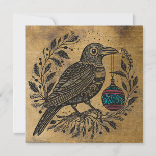 Woodcut Style Christmas Raven with Colour Ornament Holiday Card