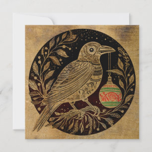 Woodcut Style Christmas Raven with Ornament Holiday Card