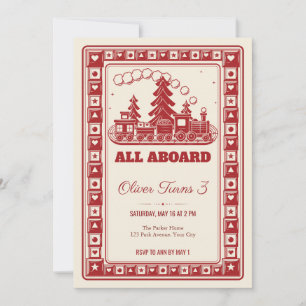 Woodcut Toy Train 3rd Birthday Invitation