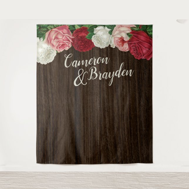 Wooded Floral Rustic Wedding Party Backdrop Tapestry (Front)