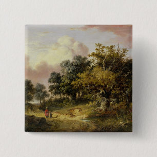 Wooded Landscape with Woman and Child Walking Down 15 Cm Square Badge