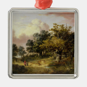 Wooded Landscape with Woman and Child Walking Down Metal Tree Decoration
