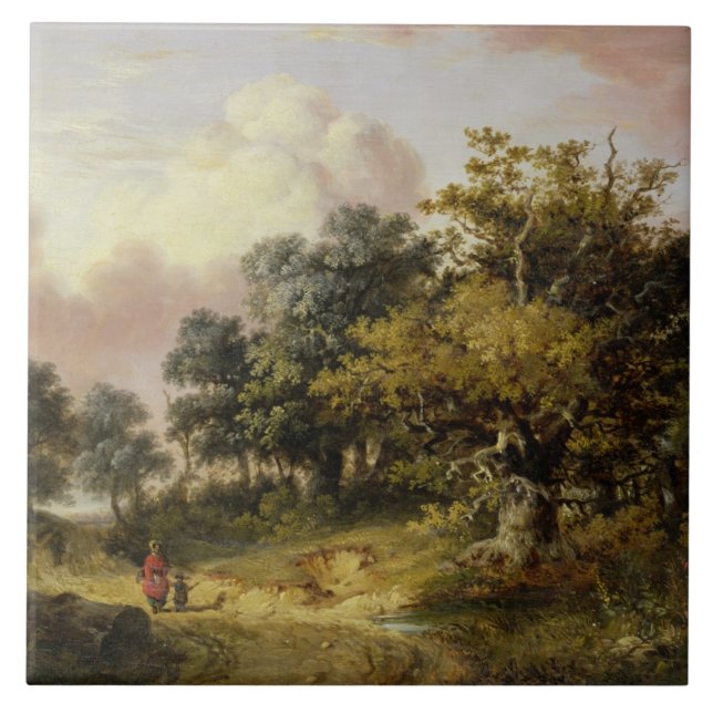 Wooded Landscape with Woman and Child Walking Down Tile (Front)