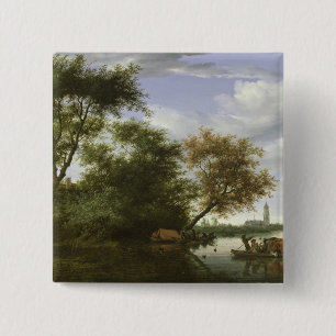 Wooded river landscape 15 cm square badge