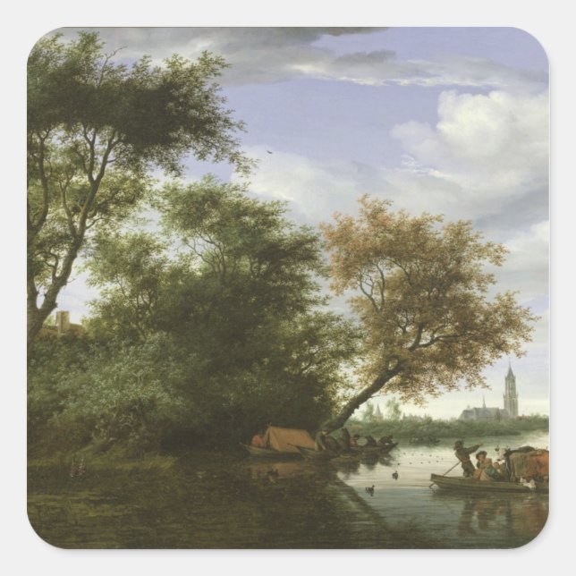 Wooded river landscape square sticker (Front)