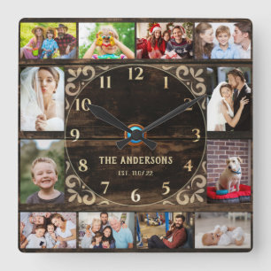 Wooden 12 family photo collage decorative square wall clock