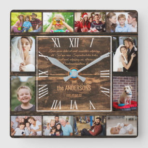 Wooden 12 family photo collage roman numerals squ square wall clock