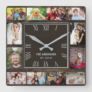 Wooden 12 family photo collage roman numerals  square wall clock
