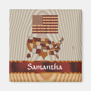 Wooden American flag and map Magnet