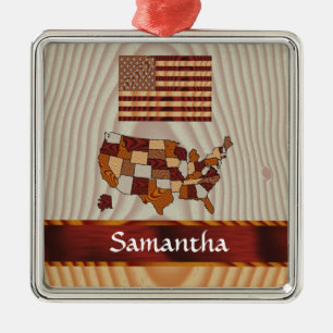 Wooden American flag and map Metal Tree Decoration