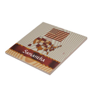 Wooden American flag and map Tile