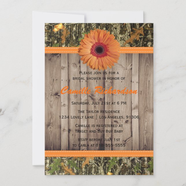 Wooden and Orange Daisy Bridal Shower Invitation (Front)