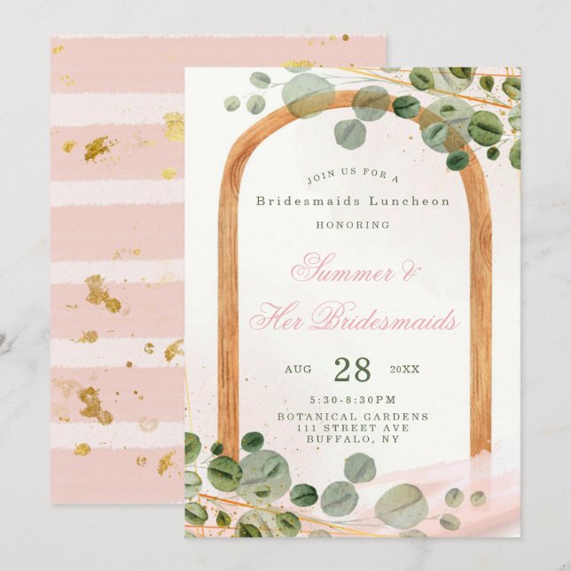 Wooden Arch Pink Eucalyptus Bridesmaids Luncheon Invitation (Front/Back)